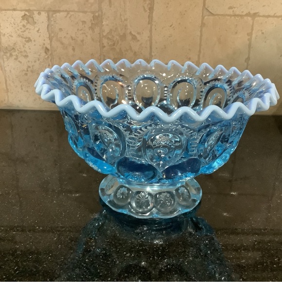 Antique EAPG Footed Bowl Opalescent Blue Baking Soda Glass Tear Drop Palace